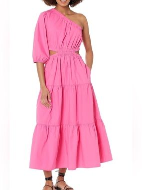 The Drop Tiered One Shoulder Cutout Midi Dress Rose Pink Barbiecore Vacay XS NWT